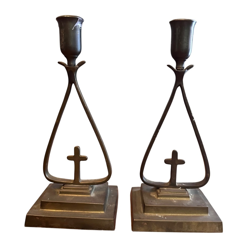 Vintage Bronze Candlestick Holders Brutalist Cross Set of 2 India